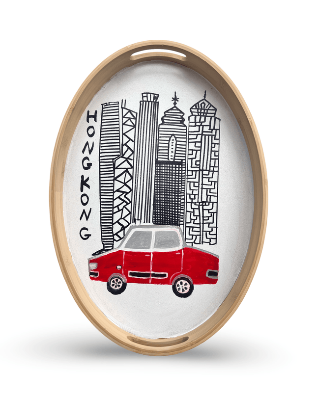 Hand-Painted Wooden Oval Tray with Hong Kong Red Taxi and Skyline