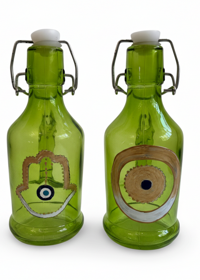 Casa Duniya Hand-Painted Oil Dispenser Green Evil Eye Swing-Top Olive Oil & Vinegar Dispenser