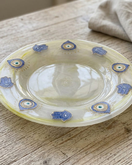 Casa Duniya Hand-Painted Evil Eye Serving Plate Yellow Glass Styled Elena Serving Plate
