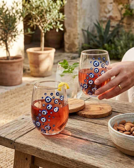 Laila hand-painted evil eye water glasses with drinks on an outdoor table