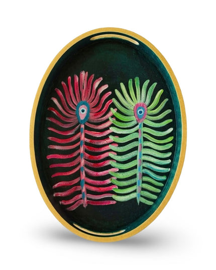Mora hand-painted peacock feather oval wood tray in dark green and yellow