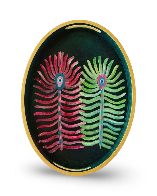 Mora hand-painted peacock feather oval wood tray in dark green and yellow