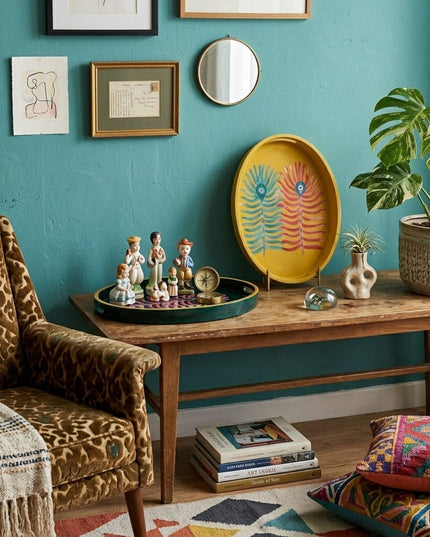 Mora oval wood tray with hand-painted feather design styled for serving