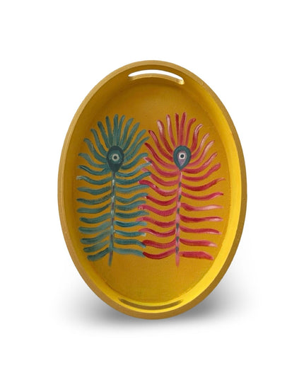 Mora oval wooden tray hand-painted with a peacock feather design