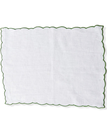 White Linen Scalloped Placemats with Gold Embroidered Border