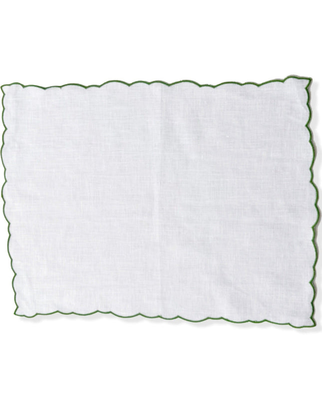 White Linen Scalloped Placemats with Gold Embroidered Border