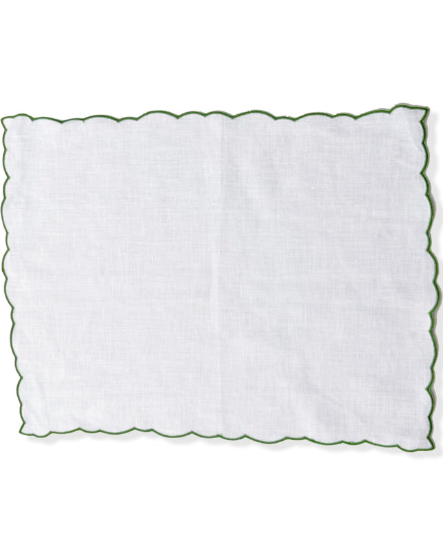 White Linen Scalloped Placemats with Gold Embroidered Border