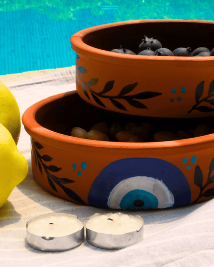 Casa Duniya Handcrafted Serving Bowls Clay Ramekins with Evil Eye Design (set of 3)