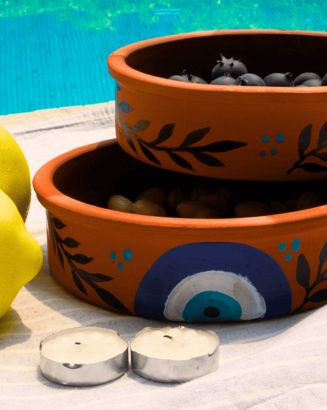 Casa Duniya Handcrafted Serving Bowls Clay Ramekins with Evil Eye Design (set of 3)