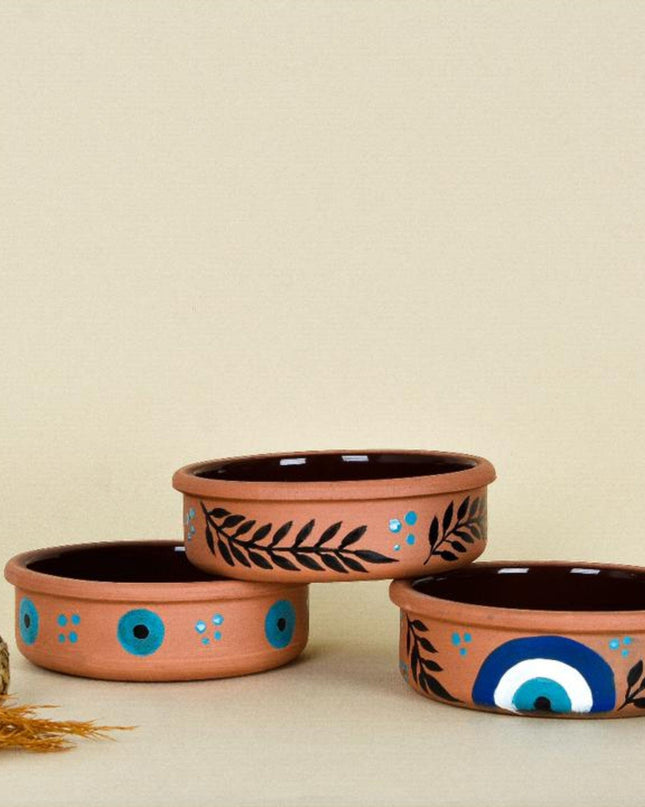 Casa Duniya Handcrafted Serving Bowls Clay Ramekins with Evil Eye Design (set of 3)
