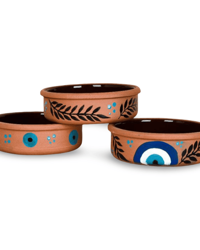 Casa Duniya Handcrafted Serving Bowls Clay Ramekins with Evil Eye Design (set of 3)