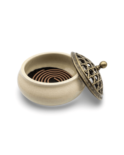 Chakra beige ceramic incense holder with the gold lid removed