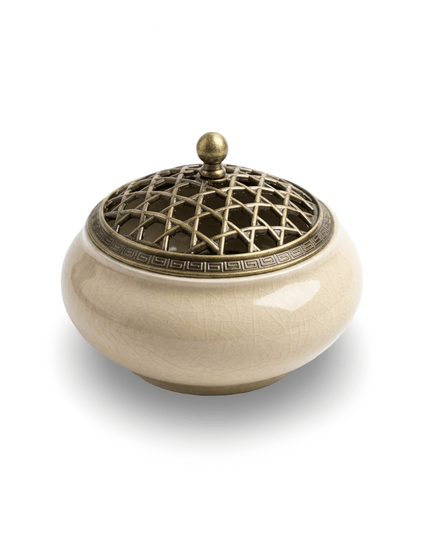 Chakra beige ceramic bowl incense holder with gold metal lid