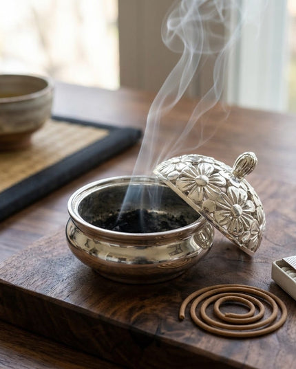 Chandi incense holder in use on a wooden table with matches, a bowl and a coil of incense beside it