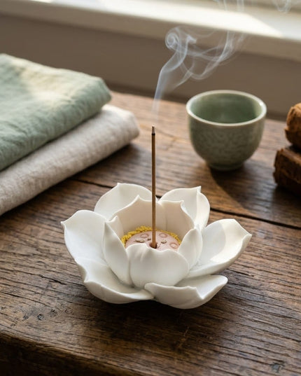 Gulabi incense holder in use on a wooden table with books, napkins and a cup of tea