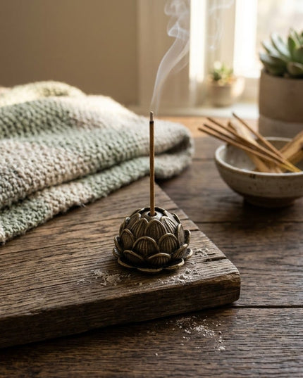 Kamal incense holder in use on a wooden table with a blanket and a bowl of incense sticks