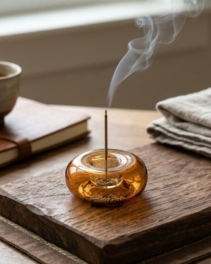 Kesari incense holder in use on a wooden table with napkins and a cup of tea