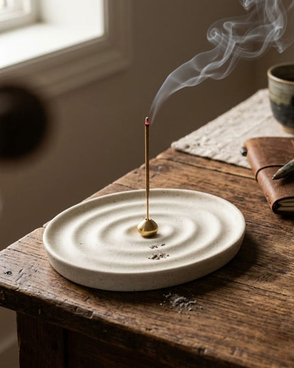 Moti incense holder in use on a wooden table with a cup of tea, a leather-bound journal and a pen