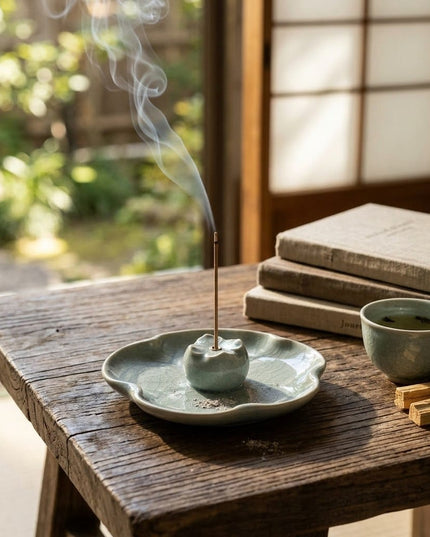 Panna incense holder in use on a wooden table with books and a cup of tea