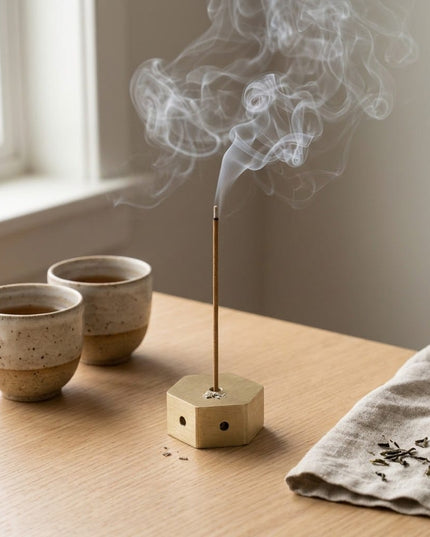 Shatkon incense holder laid flat in use on a wooden table with two cups of tea and a napkin