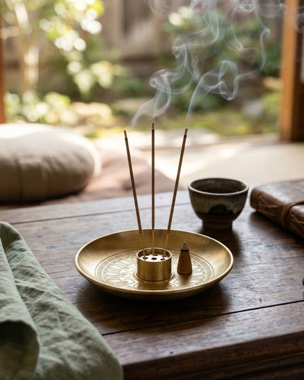 Swarna incense holder in use on a wooden table with a cup of tea and a napkin
