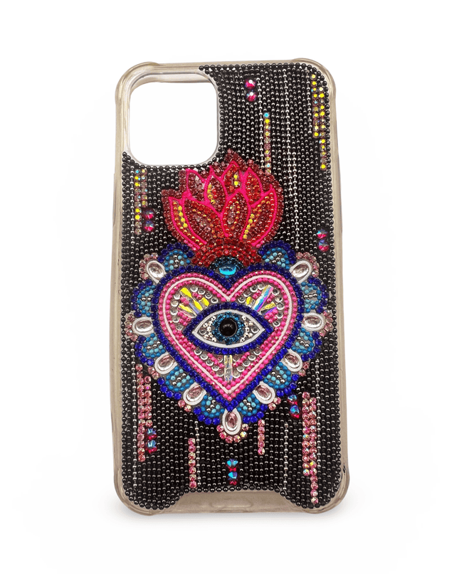 Embellished Iphone 11 Pro Phone Case Accessory Black Heart Evil Eye Flame