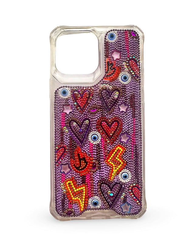 Embellished Iphone 13 ProMax Phone Case Accessory Purple Heart Evil Eye Lightning