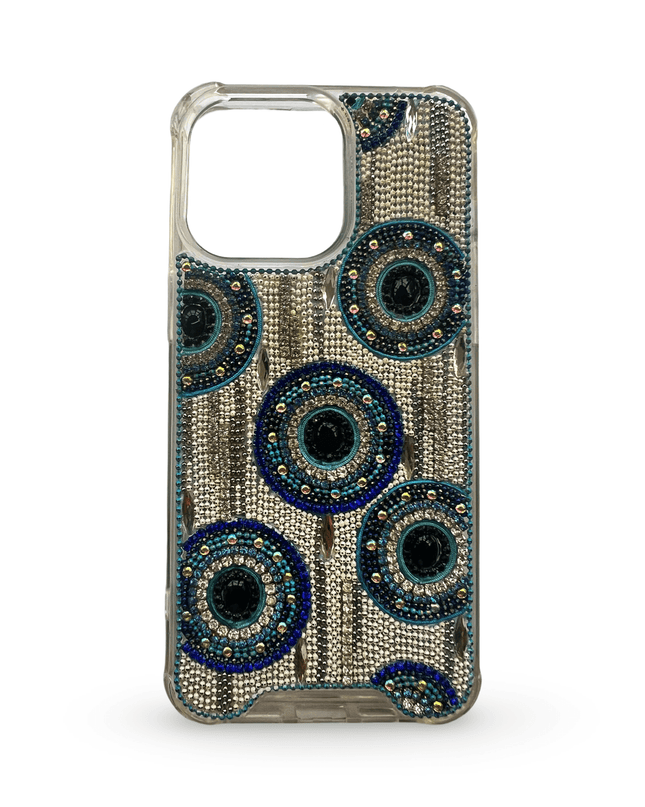 Embellished Iphone 15 ProMax Phone Case Accessory Silver Blue Evil Eye