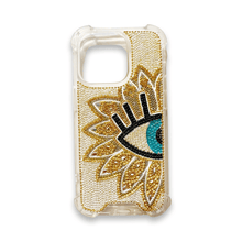 Load image into Gallery viewer, Embellished Iphone 14/15 Pro Phone Case Accessory Gold Evil Eye
