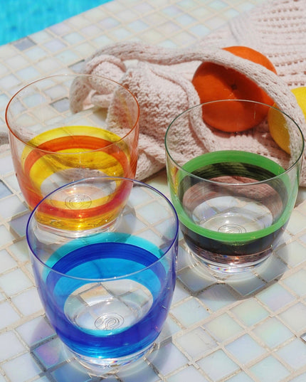 Blue Green Orange Water Glasses at Poolside with Beach Bag Lemon and Orange