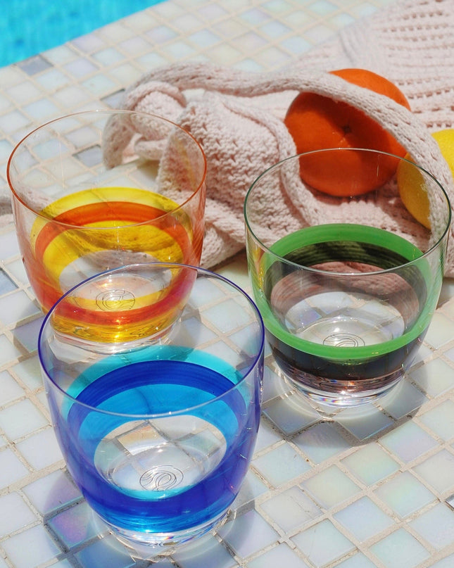 Blue Green Orange Water Glasses at Poolside with Beach Bag Lemon and Orange