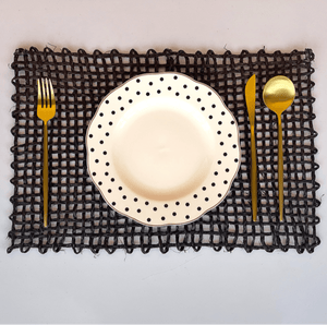 Black Sabai Grass Rectangle Placemat Gold Cutlery White Bone China Plate Polka Dots
