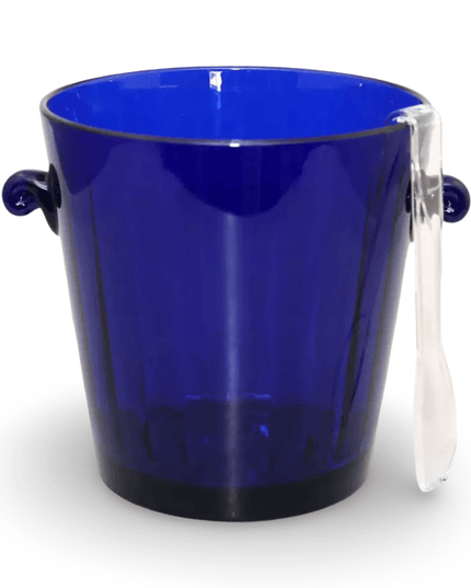 Blue plastic ice bucket with clear tongs on a white background