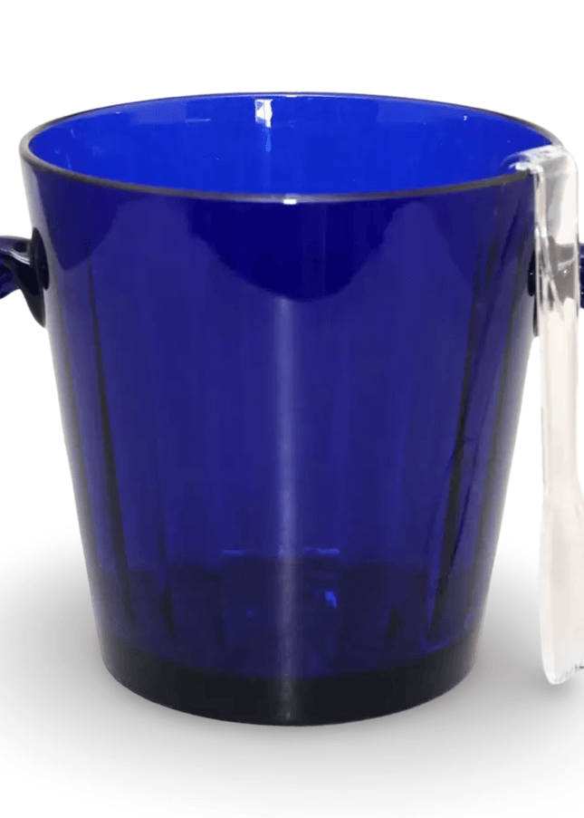 Blue plastic ice bucket with clear tongs on a white background