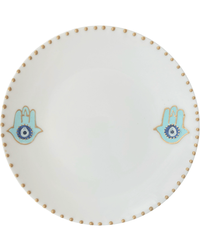 White Dessert Plates with Hand Painted Hamsa Nazar Evil Eye