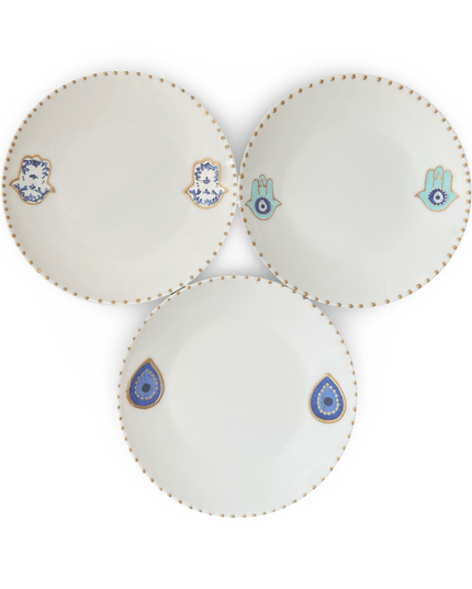 White Dessert Plates with Hand Painted Hamsa Nazar Evil Eye