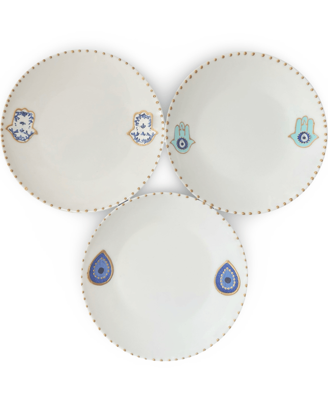 White Dessert Plates with Hand Painted Hamsa Nazar Evil Eye