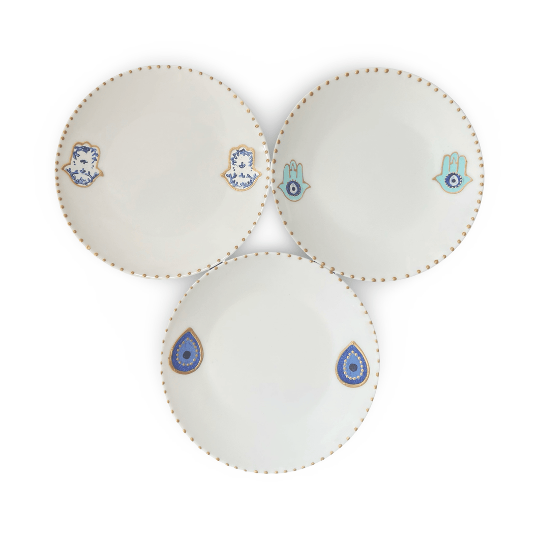 White Dessert Plates with Hand Painted Hamsa Nazar Evil Eye