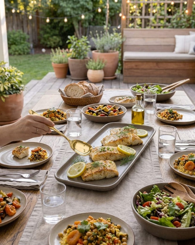 Casa Duniya Brushed Gold Serving Spoon Used to Serve Fish at a Set Table Ruva Serving Spoon