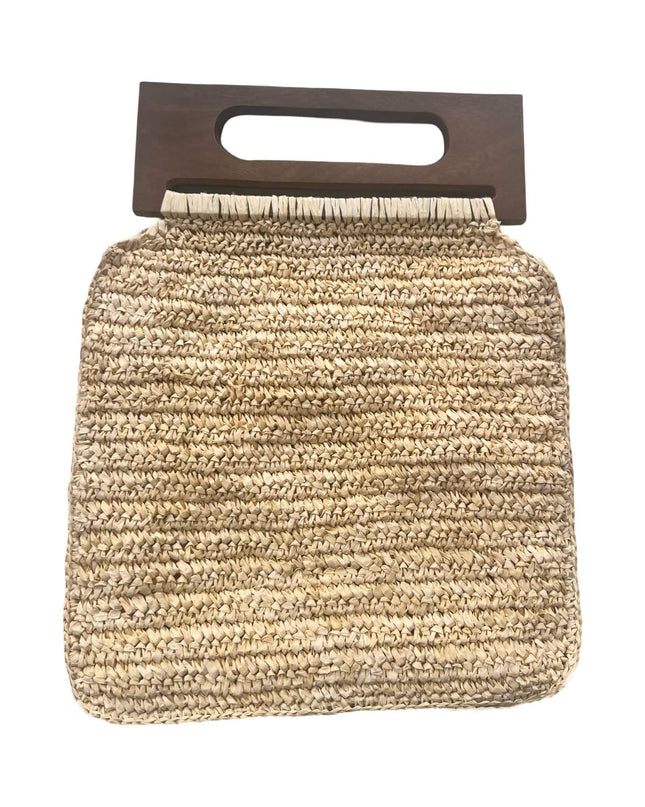 Beige Rafiya Beach Bag with Wooden Handle