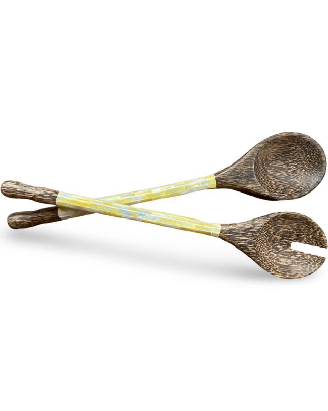 Dark Durian Wood Salad Servers with Capiz Shell Handles