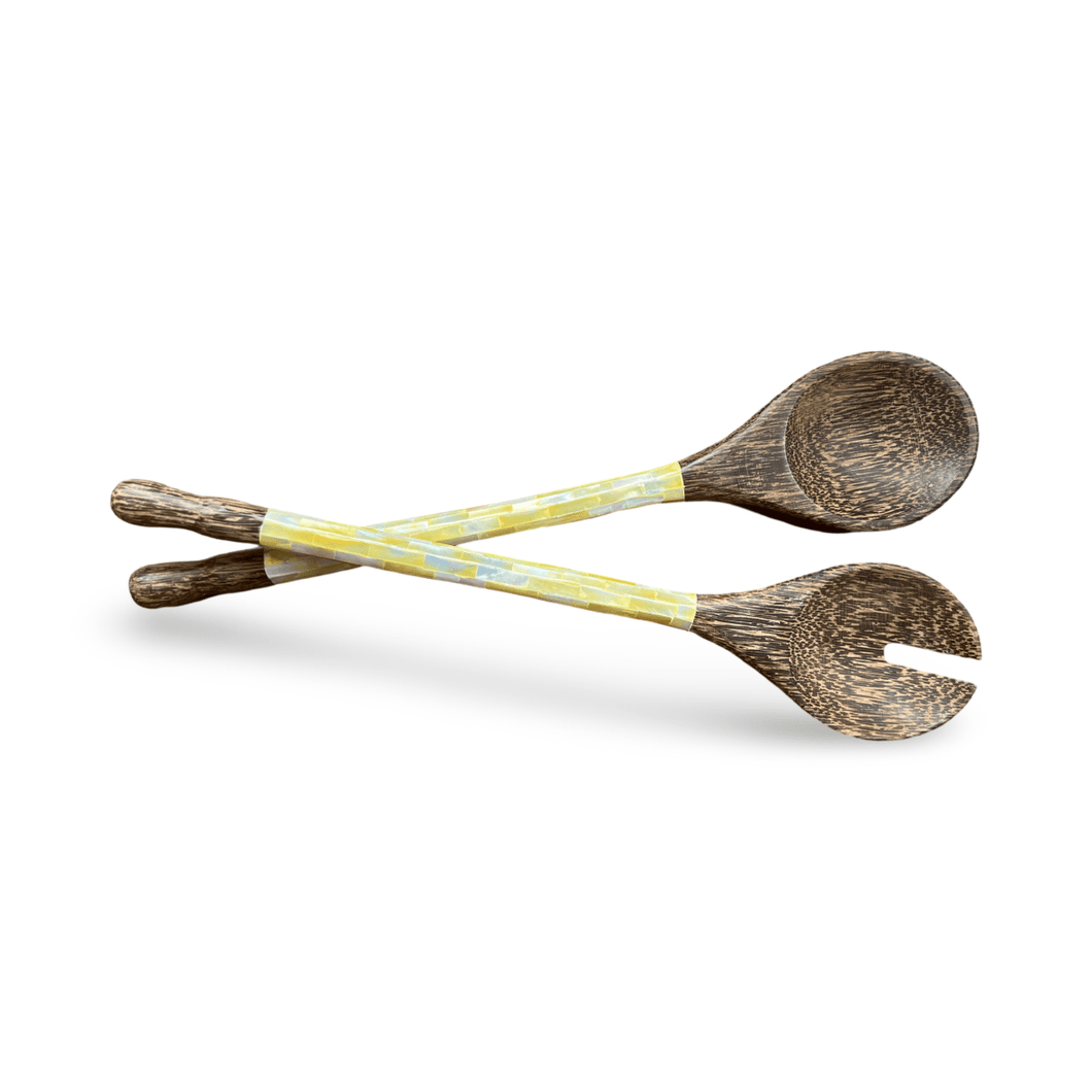 Dark Durian Wood Salad Servers with Capiz Shell Handles
