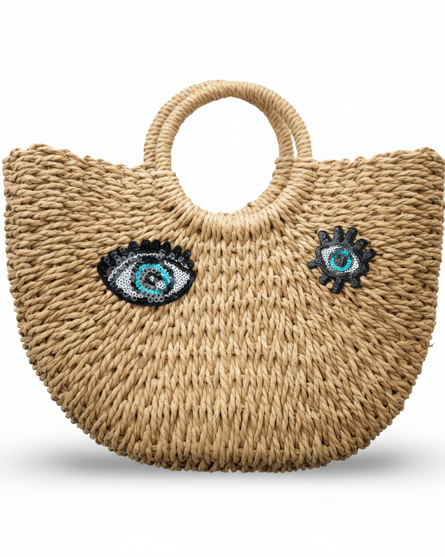 Abigail Beige Straw Woven Beach Bag With Sequins Evil Eye Design