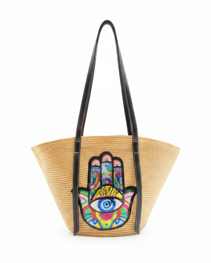 Adina Beige Straw Beach Bag with Sequins Evil Eye Hamsa And Black Strap
