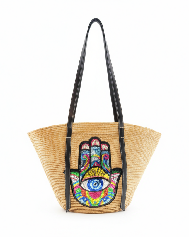 Adina Beige Straw Beach Bag with Sequins Evil Eye Hamsa And Black Strap