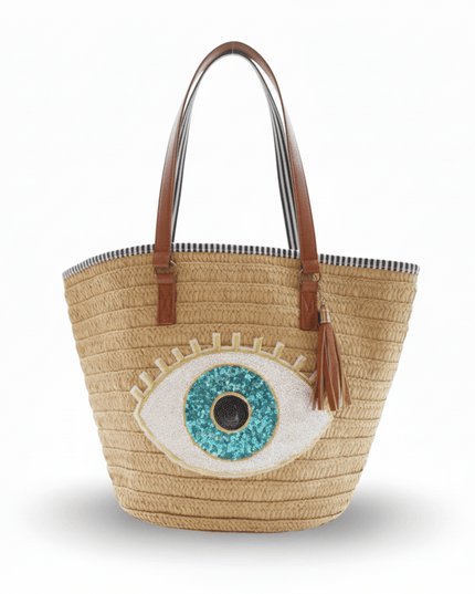 Aliza Beige Straw Beach Bag With Sequins Evil Eye