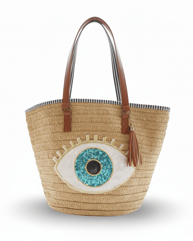 Aliza Beige Straw Beach Bag With Sequins Evil Eye
