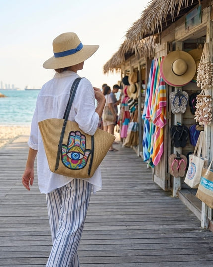 Casa Duniya Sequin Evil Eye and Hamsa Straw Bag Beige Carried on a Boardwalk with Shopping Adina Evil Eye Beach Bag