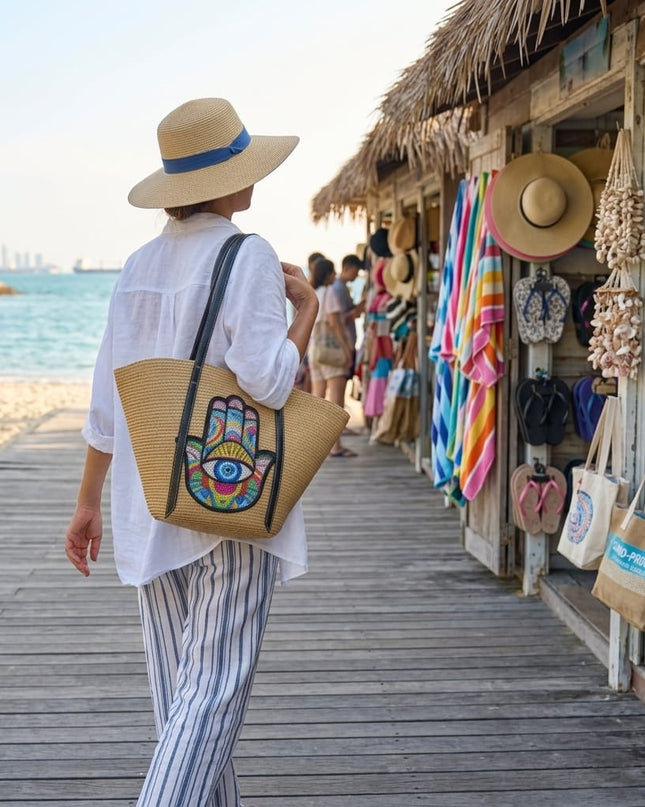 Casa Duniya Sequin Evil Eye and Hamsa Straw Bag Beige Carried on a Boardwalk with Shopping Adina Evil Eye Beach Bag