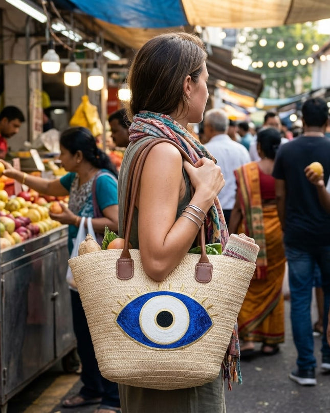 Casa Duniya Sequin Evil Eye Straw Bag Subtle Sparkle Carried Walking Through a Market Jahra Evil Eye Beach Bag